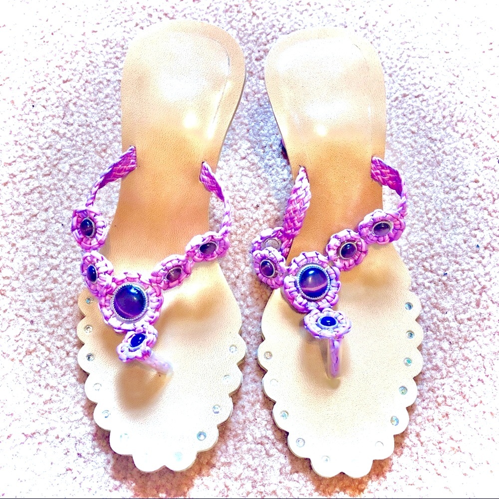 Slip on Kitten Heel Sandals Pink & Purple Gem Embellishments Diamanté Border